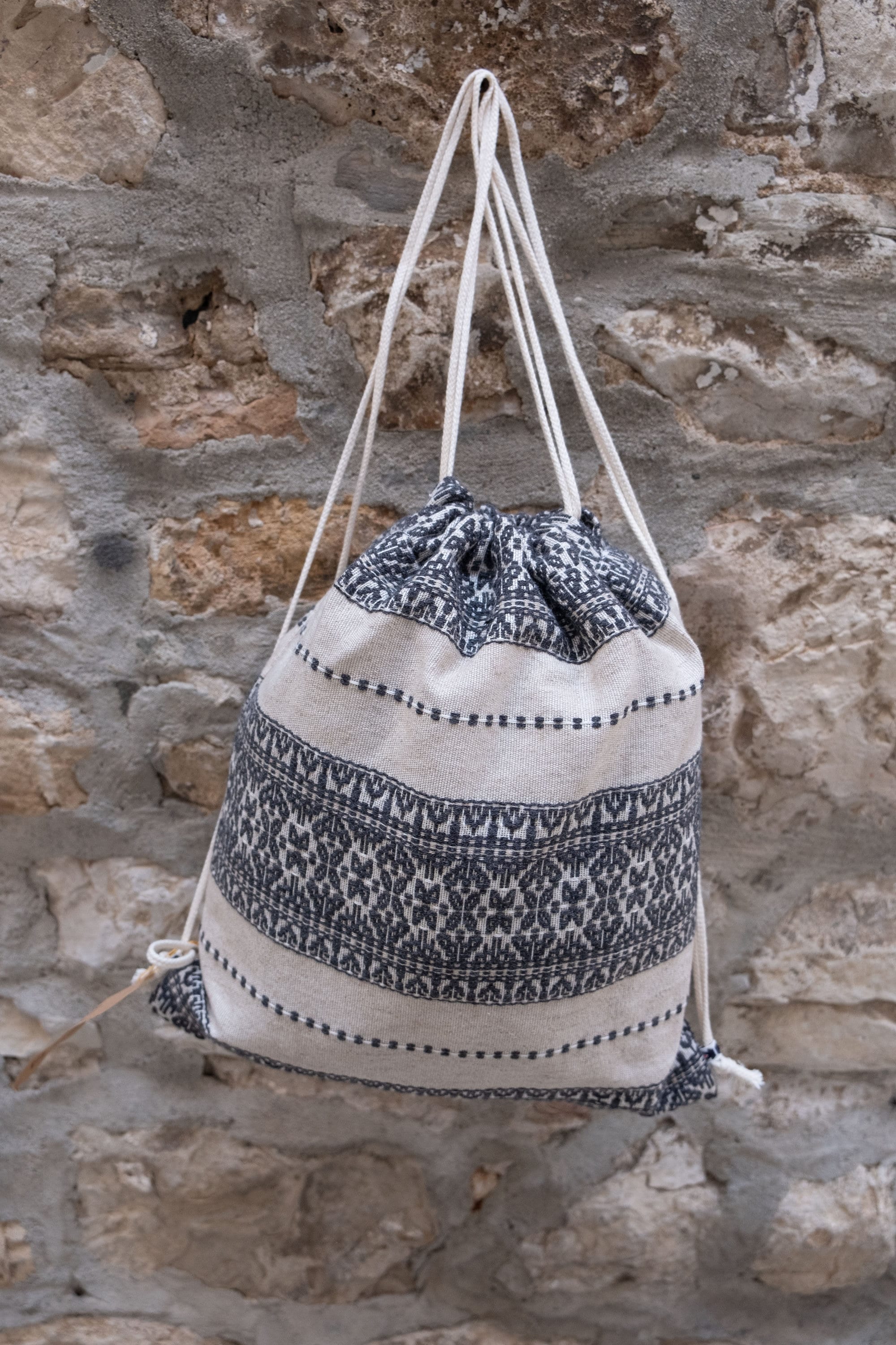 Linen Drawstring Bag Beige Color Pattern Croatian Ethno Bag Traditional linen-drawstring-bag-beige-color-pattern-croatian-ethno-bag-traditional