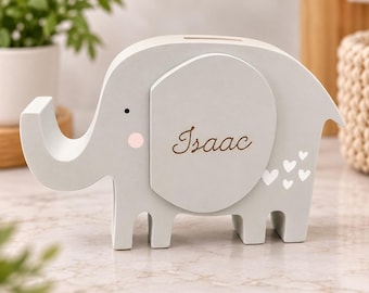 Personalised Elephant Money Box | Wooden Kids Savings Bank | Baby Nursery Gift | New Baby Christening 1st Birthday Gift