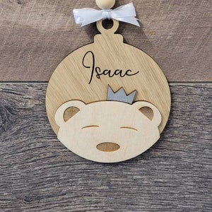 Beautiful personised bear hanging decoration,  child&#39;s personised decorations. Personised Christmas decorations, keepsakes, babies first