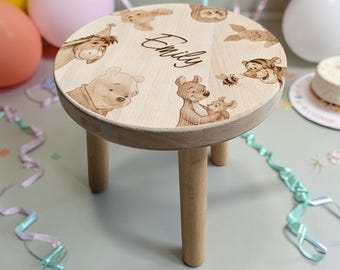 Personalized bear and friends Wooden Stool: Engraved Nursery Decor, birthday gif, keepsake