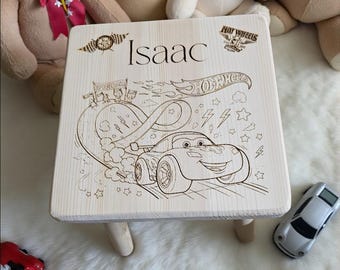 Personalised stool, personalised wooden stool, car theme, children's gift, rustic decor, engraved stool