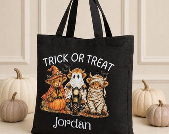 Personalised Halloween Mini Tote Bag, Highland Cow Trick or Treat Bag, Kids Sweet Bag, Custom Name Halloween Gift