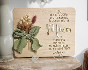 Personalised Mum Plaque | Engraved Maple Wood Sign | Rustic Floral Gift for Mum | Mother’s Day Keepsake | Custom Wooden Message Plaque