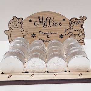 Personalised chocolate coin advent calendar, Personalised Christmas advent, chocolate coin holder, oak vaneer laser cut advent