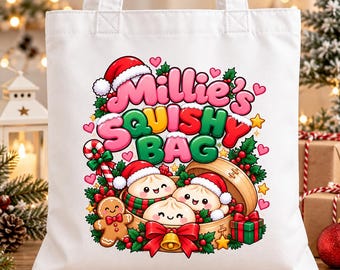Personalised Christmas Squishy Bag, Kids Xmas Tote Bag, Cute Kawaii Christmas Gift Bag, Stocking Filler Bag, Custom Name Tote