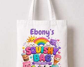 Personalised Squishy Bag for Kids | Custom Name Squishy Toy Tote Bag | Colourful Kawaii Rainbow Storage Bag | Kids Gift