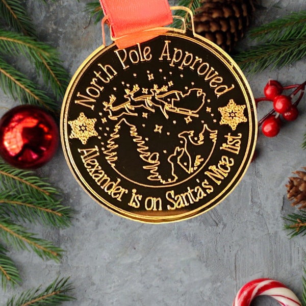 Personalised Santa's nice list medal, nice list Santa's medal, personalised medal, Christmas. Mirror acrylic