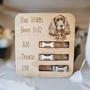 May include: A wooden sign with a picture of a brown and white dog. The sign says "Has Robin Been Fed?" and has a sliding bone to indicate "Yes" or "No" for AM, Treats, and PM.
