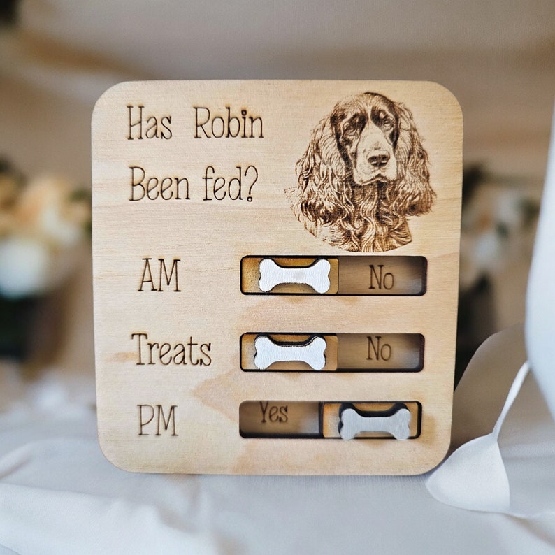 May include: A wooden sign with a picture of a brown and white dog. The sign says "Has Robin Been Fed?" and has a sliding bone to indicate "Yes" or "No" for AM, Treats, and PM.