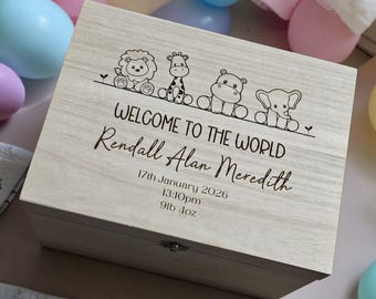 Personalized Baby Keepsake Box, Engraved Wooden Memory Box, Newborn Gift, Baby Birth Details Box, Custom Name Baby Shower Gift, Safari Nurse