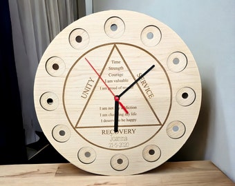 Personalized Maple Wood Recovery Token Display Clock: AA Medallion Holder