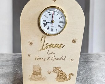 Personalised Wooden Children’s Clock | Winnie the Pooh Inspired Nursery Clock | Grandparent Gift | Kids Bedroom Clock | Engraved Wooden Gift