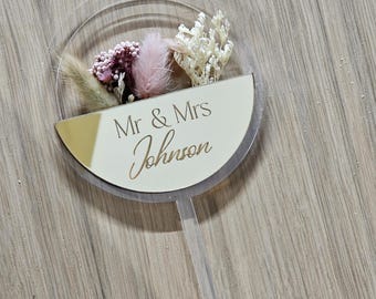 Personalized Acrylic Cake Topper with Dried Flowers, Wedding Cake Topper, Mr & Mrs Name Topper, Custom Birthday Cake Decor, Baptism Cake Top