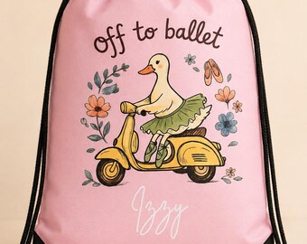 Personalised Ballet Bag for Girls, Pink Dance Drawstring Bag, Duck Ballerina Backpack, Children’s Dance Class Gift