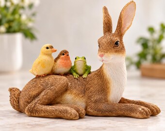 Woodland Rabbit Ornament with Chick Robin & Frog | Cute Bunny Figurine | Spring Easter Decoration | Wildlife Gift | Animal Lover Gift