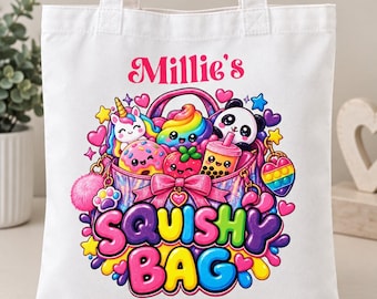 Personalised Squishy Bag for Kids | Custom Name Squishy Toy Tote Bag | Colourful Kawaii Rainbow Storage Bag | Kids Gift