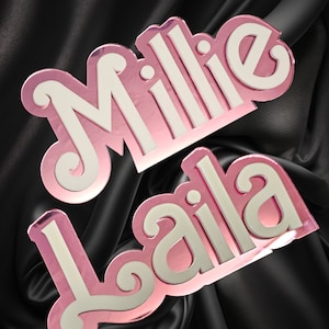 Personalised 3D pink mirror doll inspired door plaques, acrylic, laser cut, playroom, gift for her.