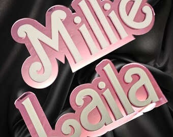 Personalised 3D pink mirror doll inspired door plaques, acrylic, laser cut, playroom, gift for her.