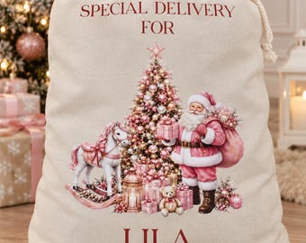 Personalised Pink Christmas Sack for Girls, Santa Sack with Name, Special Delivery Xmas Gift Bag, Kids Christmas Eve Sack