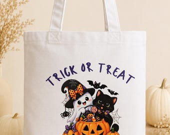 Personalised Halloween Mini Tote Bag, Kids Trick or Treat Bag, Cute Ghost and Black Cat Sweet Bag, Custom Name Halloween Gift