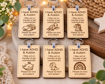 ADHD Autism Awareness Keyring | Please Be Kind & Patient | Neurodivergent Child Safety Tag | Wooden Bag Tag SEN Support Gift