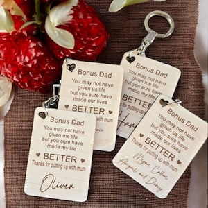 Personalised bonus dad keyring, stepdad gift, personalised gift, fathers day gift, wooden keyring, bespoke,  rustic,