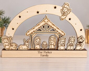 Personalised Wooden Nativity Scene | Family Christmas Decoration | Freestanding Christmas Nativity | Personalised Xmas Gift | Wooden Decor