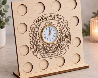 Personalised AA Recovery Chip Holder with Clock | Sobriety Coin Display | One Day at a Time | Recovery Milestone Gift