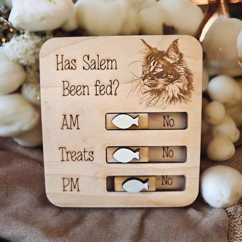May include: Wooden sign with a cat illustration and the text "Has Salem Been fed?" with a sliding toggle for AM, Treats, and PM. Each toggle has a fish icon and a "No" label.