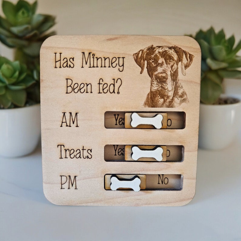 May include: A wooden sign with a dog's picture and the text "Has Minney Been fed?" with a sliding bone to indicate "Yes" or "No" for AM, Treats, and PM.
