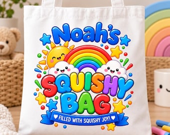 Personalised Squishy Bag for Kids | Rainbow Tote Bag | Custom Name Sensory Toy Storage Bag | Squishy Toy Gift Bag | Kids Birthday Gift
