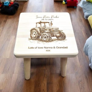 Personalised tractor stool, personalised wooden stool, tractor theme, children&#39;s gift, rustic decor, engraved stool