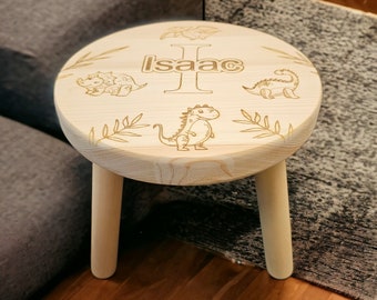 Personalised stool, personalised wooden stool, dinosaur theme, children&#39;s gift, rustic decor, engraved stool