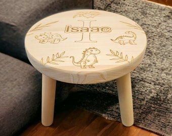 Personalised stool, personalised wooden stool, dinosaur theme, children's gift, rustic decor, engraved stool