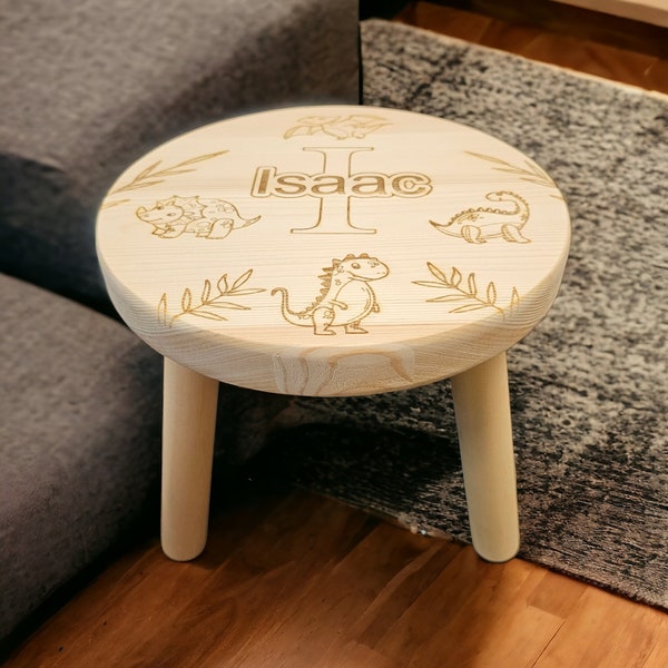 Personalised stool, personalised wooden stool, dinosaur theme, children's gift, rustic decor, engraved stool