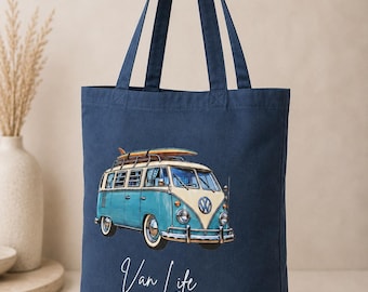 Van Life Tote Bag, Campervan Shopping Bag, Surf Bus Gift, Navy Reusable Bag, Camping and Travel Gift for Camper Lovers