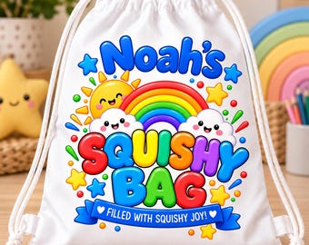Personalised Squishy Bag Drawstring Backpack, Kids Sensory Toy Storage Bag, Rainbow Gym Sack, Custom Name Squishy Toy Bag, Birthday Gift