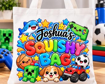 Personalised Squishy Bag for Kids | Colourful Sensory Toy Storage Tote Bag | Custom Name Fidget Toy Bag | Birthday Gift for Boys & Girls