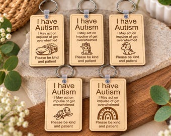 Autism Awareness Keyring | Please Be Kind & Patient | Autism Bag Tag for Children | SEN School Backpack Tag | Wooden Autism Keyring