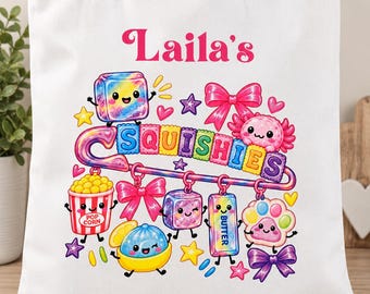 Personalised Squishies Tote Bag for Girls, Custom Name Kids Bag, Colourful Kawaii Tote, Squishy Toy Storage Bag, Birthday Gift