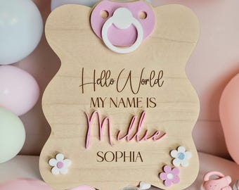 Personalized Baby Name Announcement Sign, Custom Newborn Birth Reveal Plaque, Wooden Baby Shower Decor, Nursery Name Sign, Pacifier Theme