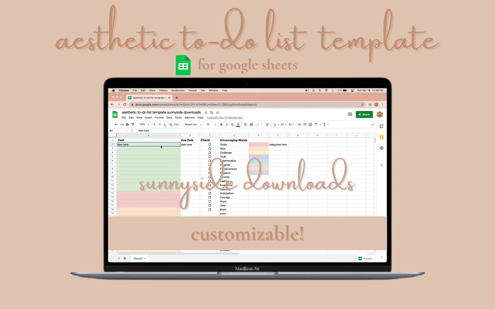 Aesthetic to do list google sheets organizer template etsy