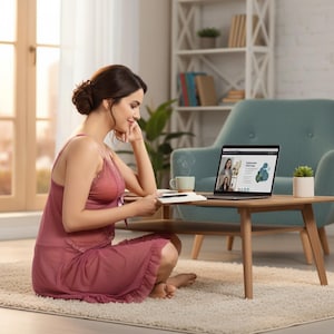 Puede incluir: Una mujer con un camisón malva está sentada en una alfombra, usando una computadora portátil en una mesa baja de madera. Una taza de café y una pequeña planta en maceta también están sobre la mesa. La pantalla de la computadora portátil muestra una videollamada.