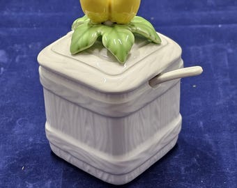 Vintage Lefton style ceramic jam pot with floral lid and spoon