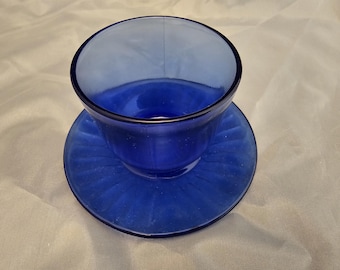 Cobalt Blue Glass Votive Candle Holder with Attached Underplate - Set of 2