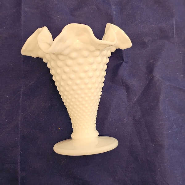 Fenton Hobnail White Milk Glass small Trumpet Ruffled Vase