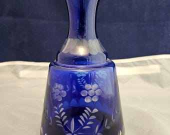 Bohemian Style Cobalt Blue Cut to Clear Glass Water Carafe