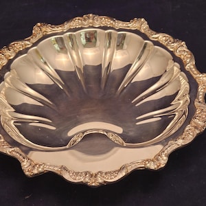 E.P.C.A. Old English Silverplate by Poole  3-footed shell serving dish with scalloped design and Victorian flourish edges