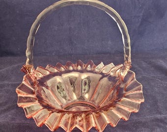 Fenton Style Cranberry Pink Glass Brides Basket Vase