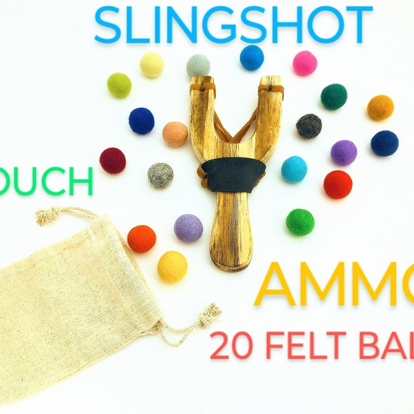 Slingshot, Slingshot and Ammo, Wood Toys, Kids Slingshot, Gift For Kids, Party Favors for Kids, Wood Slingshot, Wool Balls, Stocking Stuffer